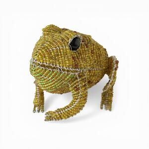 Green Glass Bead & Wire Frog Sculpture Figurine Beaded Figure 5"x 7"